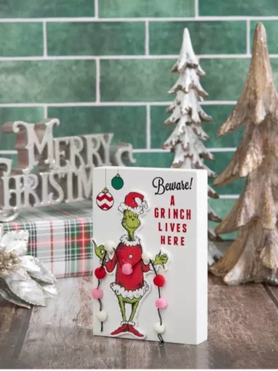 The Grinch Other - A Grinch Lives Here Wood Decor Beware! A Grinch Lives Here Holiday Block Sign -